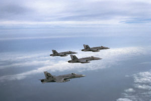 Four F/A-18A Hornet Aircrafts flying during training flight